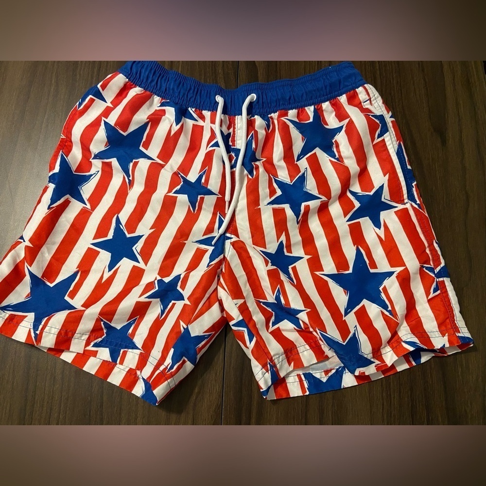 Mad Engine Men’s Small Patriotic Blue and Red Star Swim Trunks